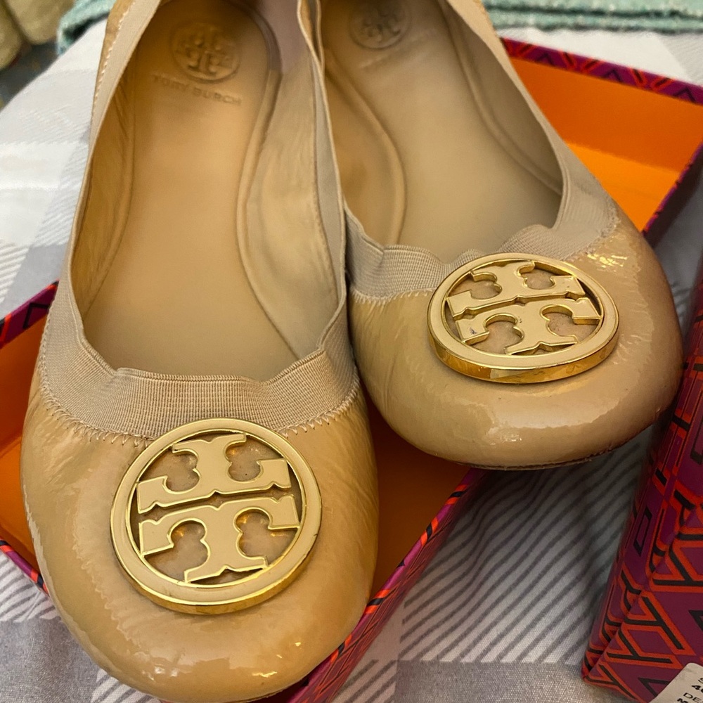 Tory Burch Tan Patent Flats with Gold Logo